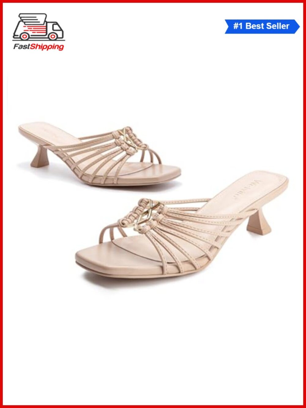 Women's Square Toe Kitten Heel Slides Faux Leather Low Heel Sandals